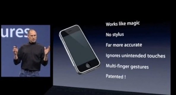 January 2007 iPhone introduction Steve Jobs multitouch patented slide