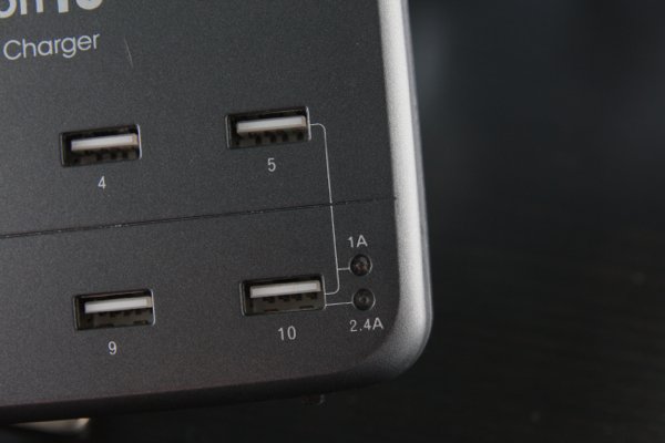 ▲機面有指示燈顯示 1A 或 2.4A 模式。在 2.4A模式下，只可以用下排 5 個 USB。