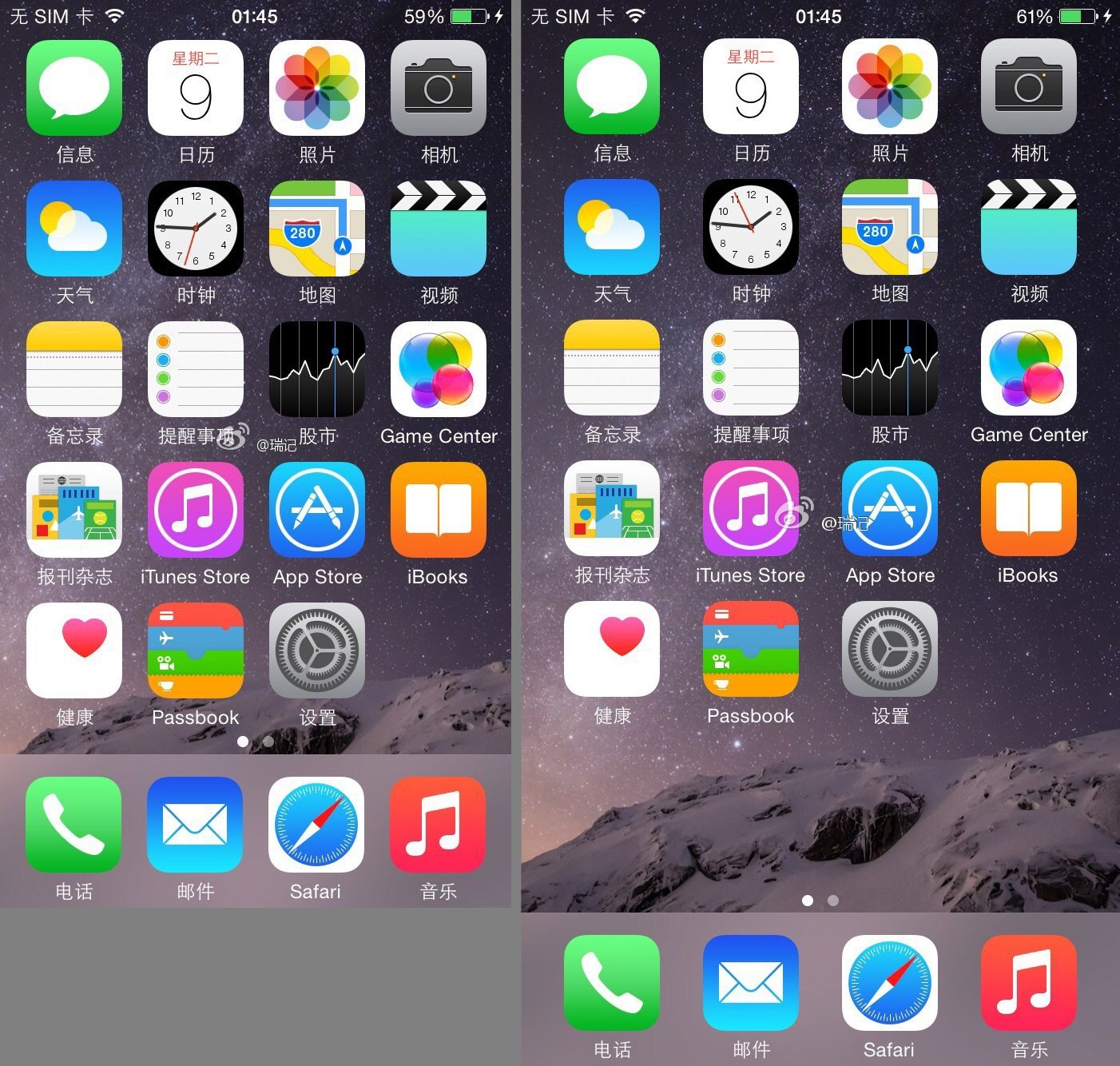 微博用戶瑞記分享的 4.7 吋(圖左) 和 5.5 吋 iPhone 6 （圖右）的 Springboard 截圖。可見 5.5 吋 iPhone 6 的圖示比較鬆散。