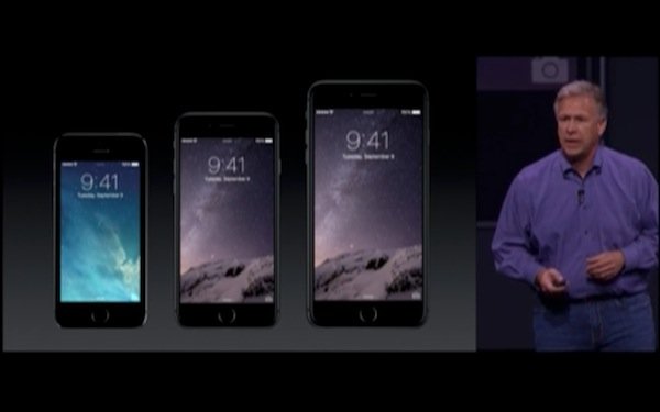 ▲左為 iPhone 5s，中間是 4.7吋的 iPhone 6，右邊是 iPhone 6 Plus。