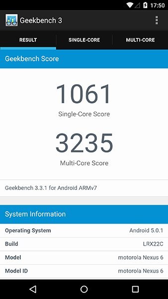 ▲ 而在 Geekbench 中 Nexus 6 分別得到單核心 1061 分及多核心 3235 分。