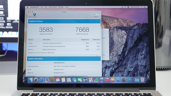 讓 MacBookPro 在 CPU 的 Geekbench 3 跑分，顯示多核處理的分數超過 7600 分。