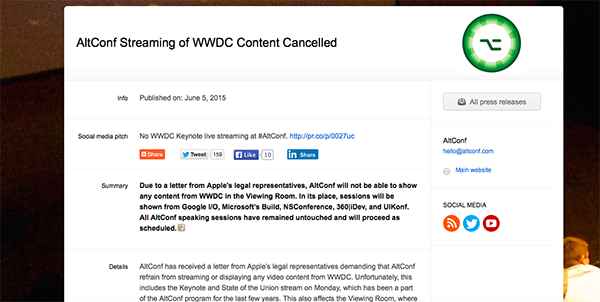 AltConf 官網也發出聲明，解釋為何被蘋果要求停播 WWDC 的原因。難