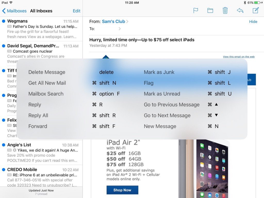 ios 9 ipad keyboard shortcuts mail
