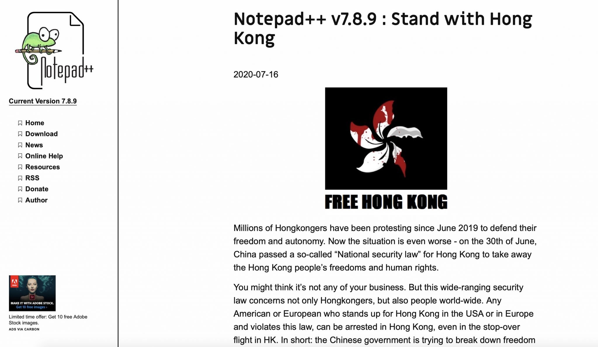 what is notepad++ stand with hong kong