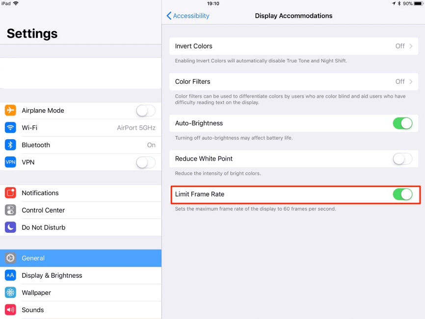 iOS 11 Settings Accessibility Limit Frame Rate enabled iPad Pro 001