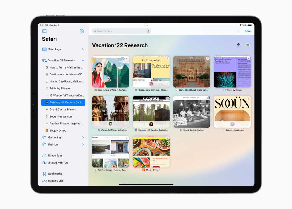 Apple WWDC22 iPadOS16 Safari shared Tab Groups 220606