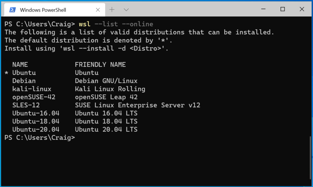 wsl install list screenshot