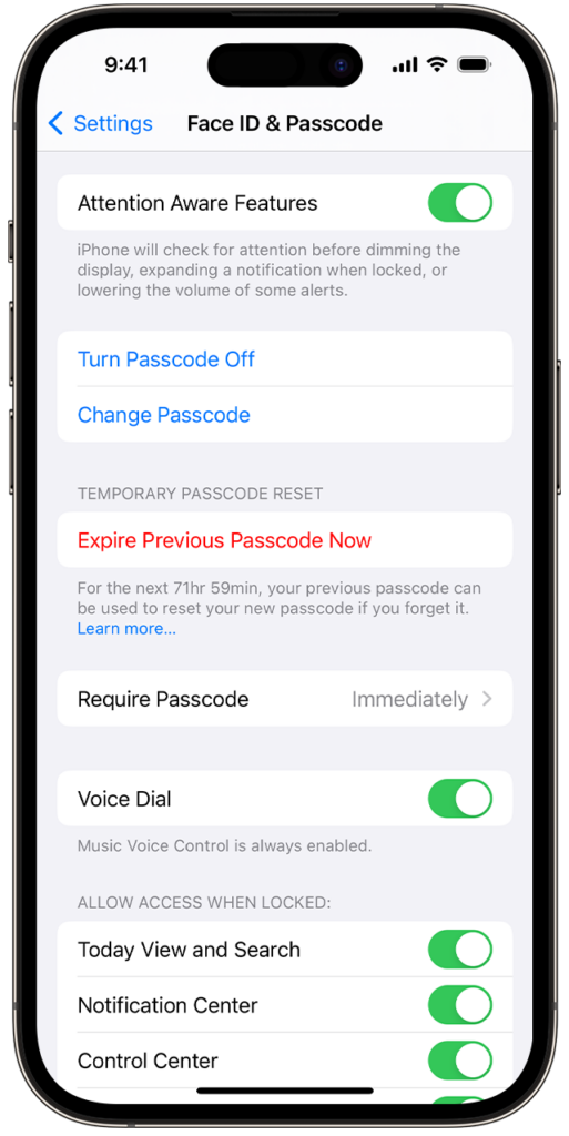 ios 17 iphone 14 pro settings face id passcode expire previous passcode now