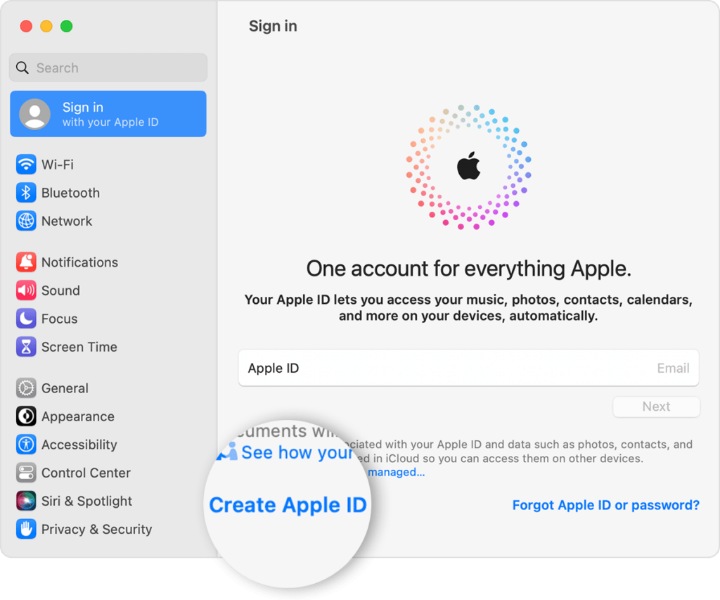 macos ventura system settings sign in create apple id callout