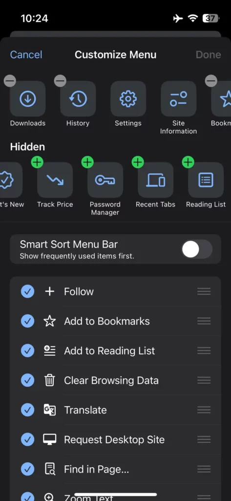 Chrome iPhone customize menu bar 3