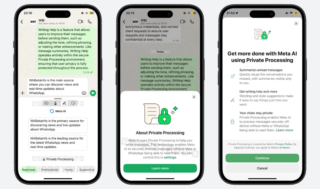 WA WRITING HELP MESSAGE SUGGESTIONS WITH TONES PRIVATE PROCESSING FEATURE IOS