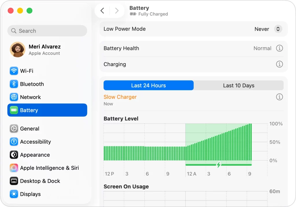 macos tahoe 26 system settings battery slow charger