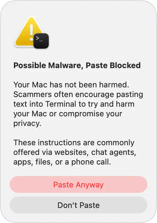 macos tahoe 26 terminal possible malware paste blocked mac not harmed